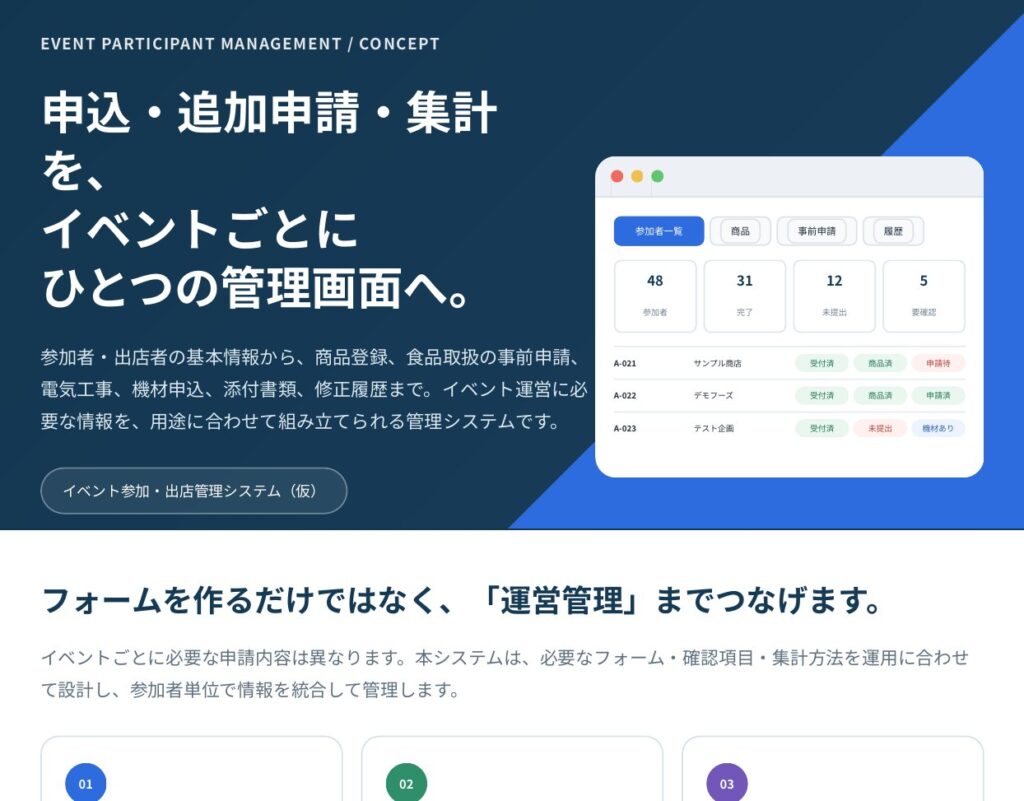 イベント参加・出店管理システムの紹介(見本の画面)